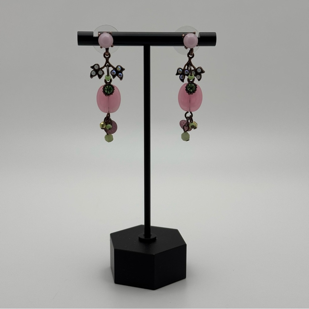 Anthropologie Pink Floral Crystal Drop Earrings Mint Green Statement - Picture 10 of 10